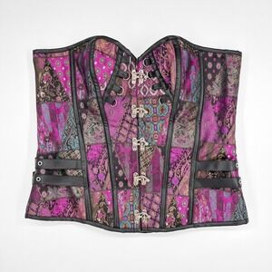 Corset Overbust Patchwork Brocade Pink Purple Lace Up Busk Closure Boned XL